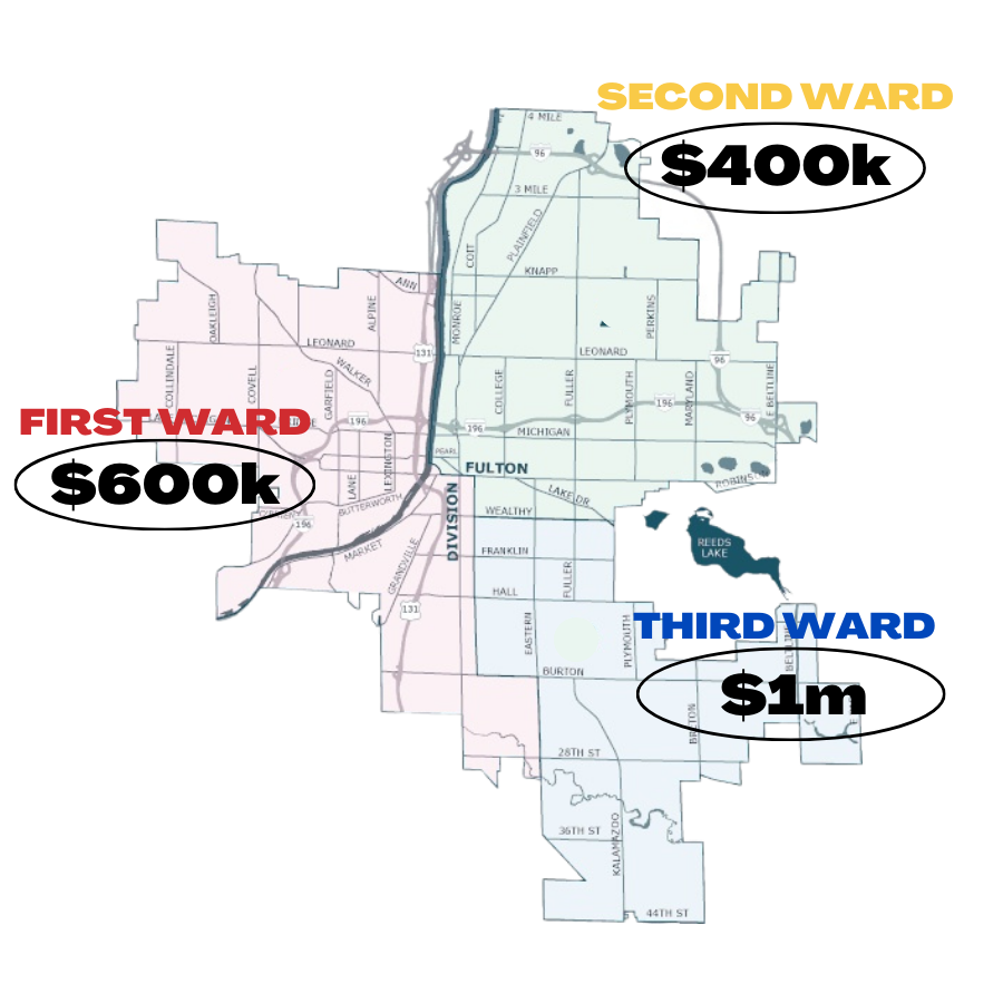 map of the three wards of grand rapids with the amount